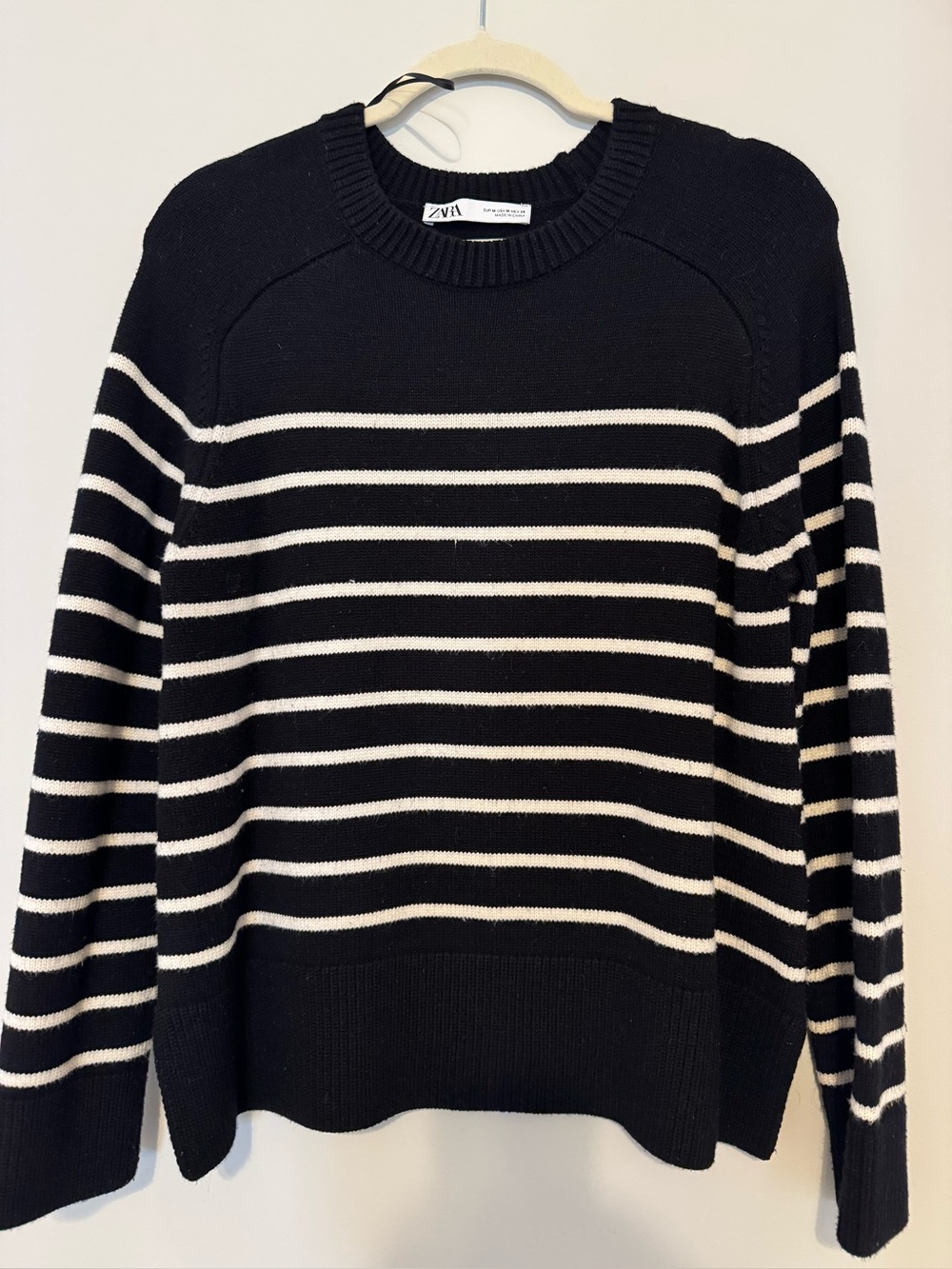 Zara Black and White Striped Crewneck Sweater